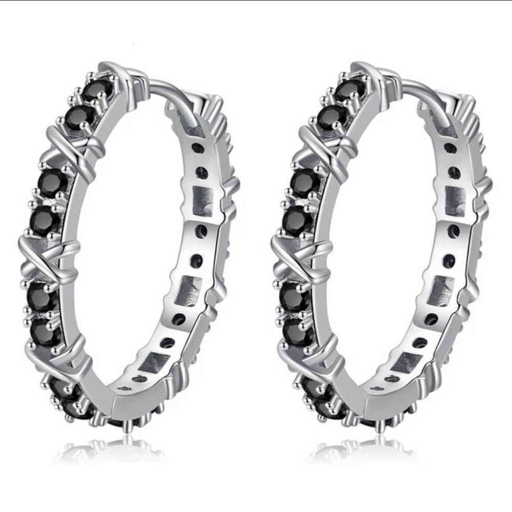 Black Awn Classic Silver Color Round Black Trendy Spinel Hoop Earrings